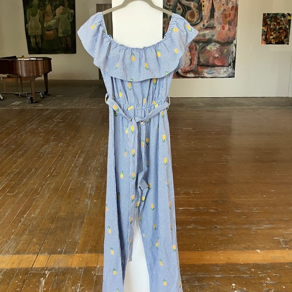 Trac Pants - Blue and white striped jumpsuit, embroidered with pineapples and fabric belt